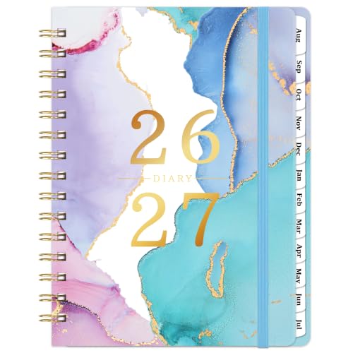 Academic Diary 2026-2027 - Diary 2026-2027 A5 Week to View August 2026 - July 2027 Pink and Blue Twin-Wire Binding Hard Cover Elastic Closure 21.5 x 15.5 x 1.5 cm