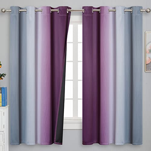 Ombre Purple and Gray Blackout Curtains 63 Inch Length 2 panels, Full Room Darkening Grommet Thermal Insulated Gradient Drapes for Girls Room, Full Light Blocking Curtains for Bedroom, 52x63 Inch