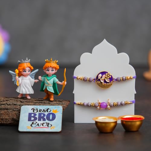 Image of eCraftIndia Designer Rakhi Gift Set for Brother with Best Bro Ever Fridge Magnet & Angel Prince Showpieces | Premium Beaded Rakhi with Roli Chawal | Raksha Bandhan Gift Hamper for Bhai