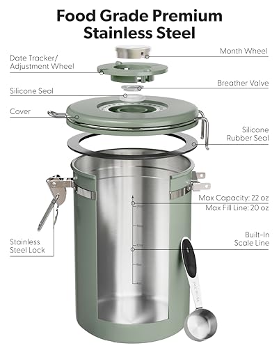 Image of Veken Coffee Canister with Window, Airtight Stainless Steel Container, 22OZ | Date Tracker,Kitchen Food Storage Organizers for Beans, Ground, Espresso, Rice,Tea, Sugar,Cereal, Gifts,Lids,Jars,Scoop,Green