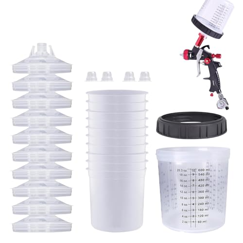 Lackbecher - 10 Stück Pneumatische Sprühfarbe Einwegbecher Mit 10 Deckel, 1 Versiegelungsstopfen Und 4 Stopper, Transparentes Lackmischbecher Für Auto, Kunstprojekte - 600 Ml