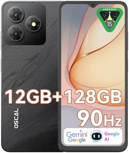 OSCAL Android Phones Unlocked for T-Mobile, Flat 2 Android 15 Phone(2025), 12(4+8)+128GB/2TB TF Octa Core, Dual SIM Phones Unlocked, 5000mAh, 90Hz, 6.56″ HD+ Screen, 4G/GPS/Fingerprint/Face ID-Black