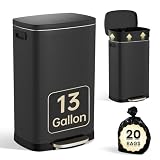 ELPHECO Kitchen Trash Can with Lid Soft Close, 13 Gallon / 50L Stainless Steel Pedal Garbage Can, Heavy-Duty Fingerprint Proof Step Wastebasket with 20 Bags, Removable Bucket, Home Office, Matte Black