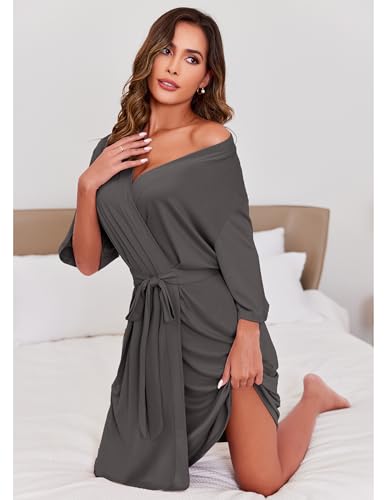 Image of Ekouaer Short Robes for Women Lightweight Kimono Robes Knit Bathrobe Soft Sleepwear with Pockets S-XXL