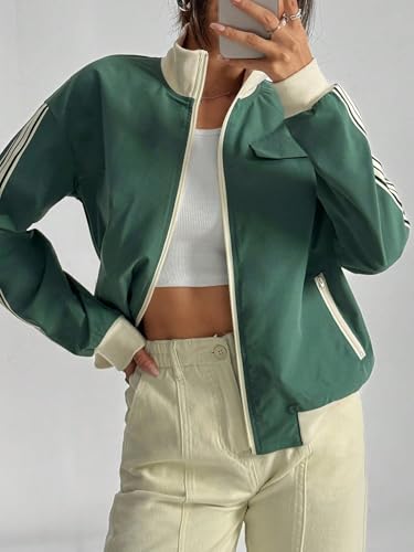 Verdusa Women's Striped Color Block Bomber Jacket Zip Up Long Sleeve High Neck Jacket Outwear4