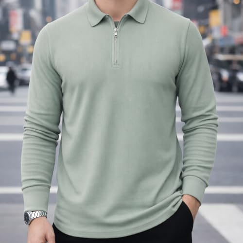 Image of Mack Jonney Men's Premium Ribbed Half-Zip Polo T-Shirt | Long Sleeve Soft Stretch Fabric | Stylish Casual & Smart Wear Top-M6783
