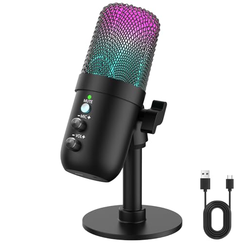 USB Microphone, Computer Condenser Mic with Noise Cancellation, Echo Mode, RGB Lighting, Mute...