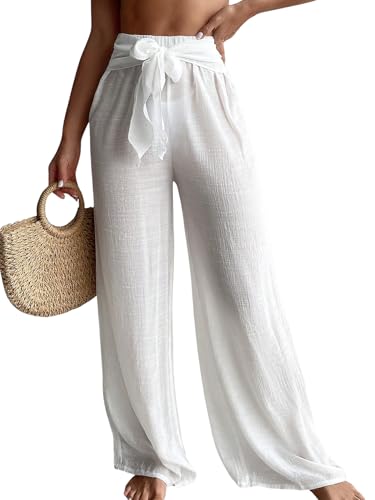 COZYEASE Women's Beach Cover Up Pants Mesh Tie Front Wide Leg Loose Bathing Suit Cover Up Beach Pants