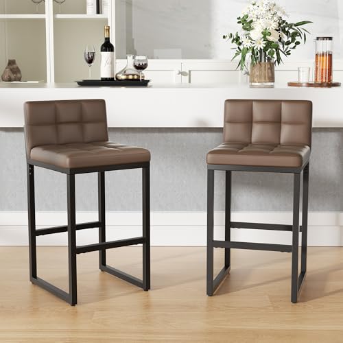 Image of 24 inch Bar Stools Set of 2, Modern Faux Leather Counter Height Bar Stools with Low Back and Footrest, Sturdy Thickened Metal Leg, Upholstered Kitchen Bar Chairs for Island, Coffee