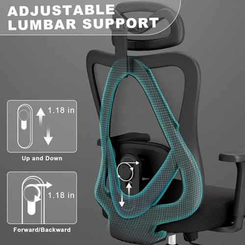 Image of Ergonomic Office Chair with Adjustable Lumbar Support, High Back Mesh Computer Desk Chairs with Armrest and 3D Headrest, 360 Swivel Wheels and Rocking Function, for Home, Office, Black