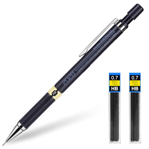 APXEL 0.7mm Mechanical Pencils Set, 1PC Propelling Drafting Pencil With 2PCS 0.7mm HB Lead Refills for School, Engineer Writing, Drawing, Sketching (Black)