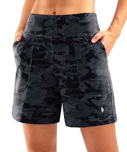 Santiny Women's 6'' Athletic Long Shorts With 4 Pockets High Waisted Bermuda Shorts For Women Walking Running Casual (Grey Camo_L) #TOP23