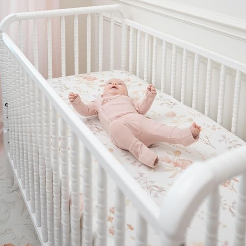 Image of Crane Baby Violet Floral 100% Cotton Sateen Fitted Crib Sheet, Baby Girl Crib Sheets, Pink Floral Toddler Bed Sheets, Wildflower Nursery Decor, Vintage Baby Girl Nursery Decor, Pink Toddler Sheets