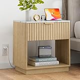 FavourLife Fluted Nightstand, Large Night Stand, 23' Wide Modern Nightstand with Faux Marble Top and Charging Station.Wood Ene Table with Drawer, Bedside Table for Bedroom, Curved Corners, Natural Oak