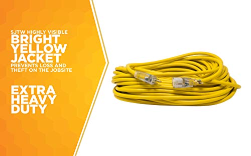 Woods 992555 12-Gauge Extra Heavy Duty 100 Ft, Yellow 3 Prong Outdoor Extension Cord Clip, Water Resistant, Reinforced Blades, Sjtw High Visibility Vinyl Jacket, Foot #TOP5