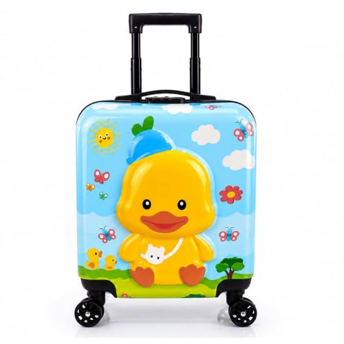 Image of Storite 18In Kids Luggage Trolley Hard Shell Cabin Suitcase | Cute Cartoon Duck Design Suitcase Ideal For School Trips Vacations Holidays And Weekend Travel (Blue - 35 x 23 x 38 Cm)