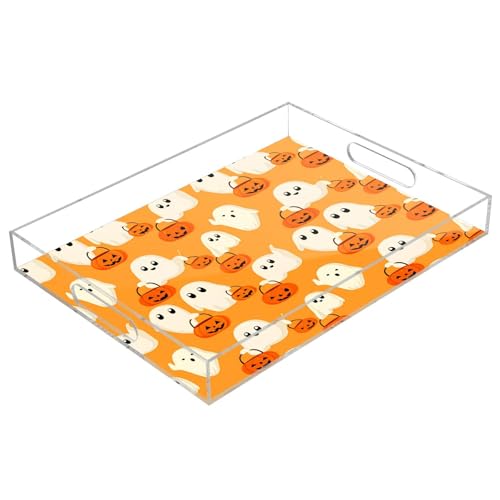 BOESI Cute Ghosts & Halloween Pumpkins Acrylic Decorative Dining Tray, Acrylic Decorative Tray Organizer with Handle for Kitchen, Dining Room, Bathroom, Dresser