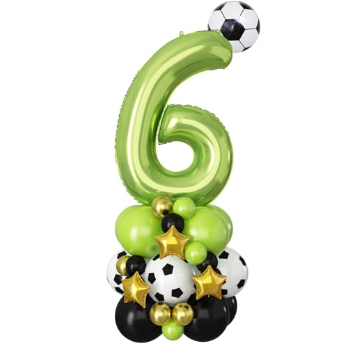Image of 40 Inch Number 6 Balloon Green Soccer Number Six Foil Balloons Tower Set for Boys 6th Birthday Party Decorations Giant Large Digital Aluminum Balloons Stack for Football Lover World Sports Game