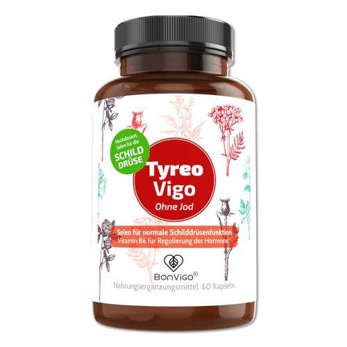 Schilddrüse: Selen hochdosiert für normale Funktion - BonVigo TyreoVigo 60 Kapseln ohne Jod - Hormon Balance: Vit. B6 B12 - Natur-Komplex: Ashwagandha, Yams, Brokkoli - L-Tyrosin, Eisen, Multivitamin