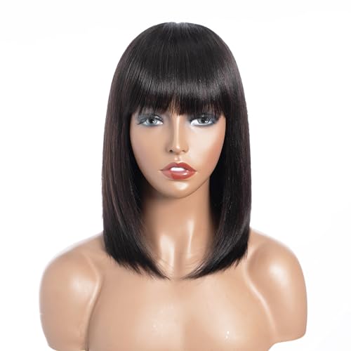 QVR Short Bob Wig Human Hair with Bangs 12 Inch
