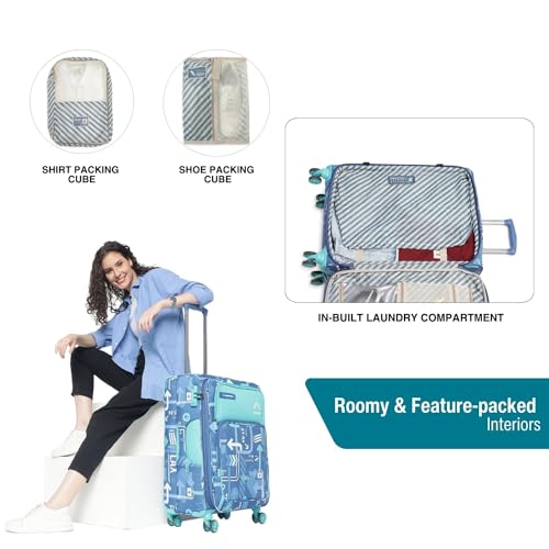 Image of uppercase JFK Plus 68 Cm Medium Polyester Soft-Sided 8 Spinner Check-in Trolley Bag Dust Resistant Eco-Soft Printed Luggage with TSA Lock, 2500 Days Warranty (Denim Blue)
