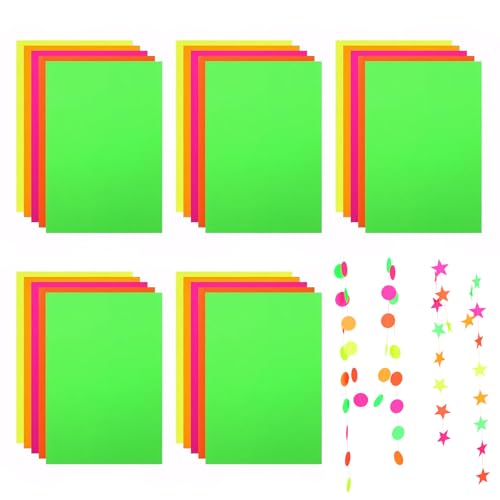 Neon-Papier 40 Blatt – Leuchtendes DIY-Kartonpapier für Schwarzlichtpartys, 5 Farben, UV-reaktiv, ideal für Tanzflächen und Dekoration