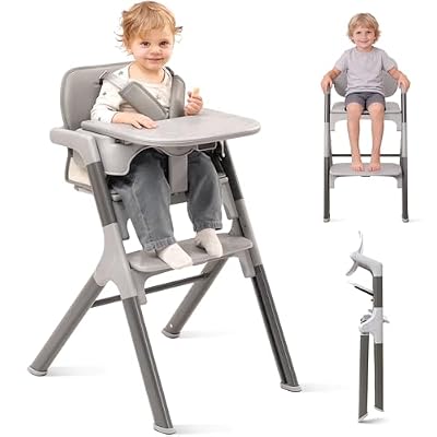 LOOKFLY 4in1 Convertible Baby High Chair, Transitions from Baby to Adult Stool, 8-Level Adjustable, Foldable, Removable Tray, Gray