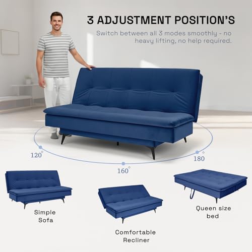 Image of Wakefit Flexia Sofa Cum Bed - Three Seater - Velvet Series Blue