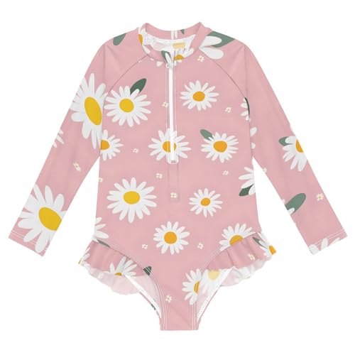 Girls One Piece Swimsuits Long Sleeve Swimsuit Zipper Bathing Suits White Daisy Flower Pink Daisies
