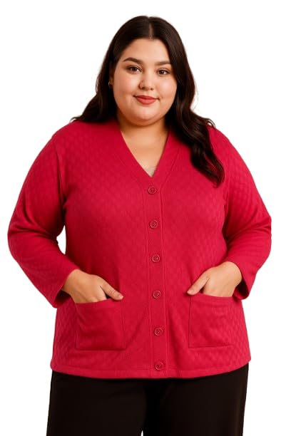 Image of Women's Woollen V-Neck Plus Size Winter Cardigan Sweater with Front Pockets