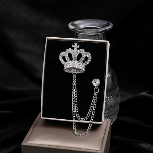 Image of coadipress Crown With Hanging Chain Brooch for Women Men Elegant Gentlemen Gold Silver Crystal Crown Lapel Pin Vintage Rhinestone Wedding Brooch Suit Shirt Pin Accessories
