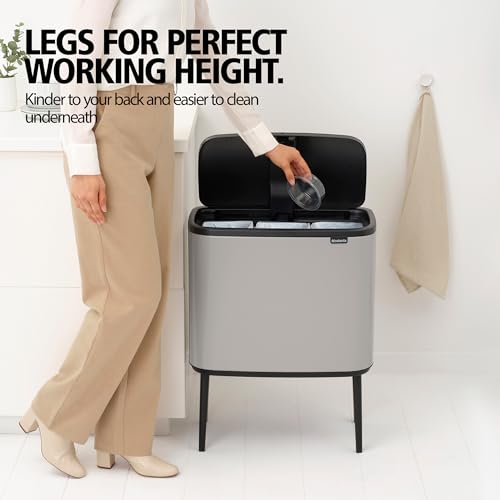 Image of Brabantia Bo Touch Bin 3 x 2.4 Gallon /11L (Soft Gray), Triple-Container Trash Can for Kitchen, Soft-Touch Garbage Can with 3 Inner Buckets and Raised Base