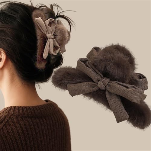 Brown Plush Cute Hair Clips For Women Girls Sweet Ribbon Bow Fluffy Fuzzy Big Claw Clip Hairclips Non Slip Kawaii Bowknot Barrettes Clawclips 5.11 IN Large Claw Clips For Thick Thin Hair Accessories