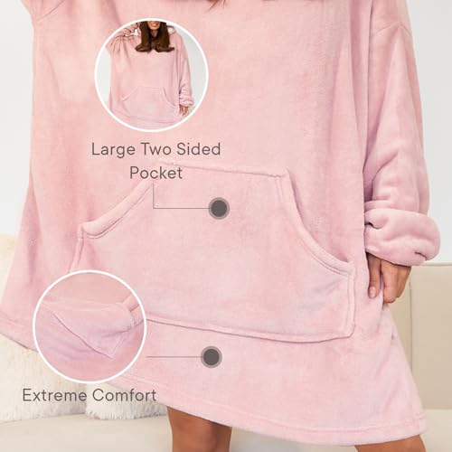 Sienna Hoodie Blanket with Ultra Soft Sherpa Lining Warm Cozy Wearable Oversized Hooded Sweatshirt Throw Large Pocket for Adults Men Women Teenager, One Size Fits All Blush Pink
