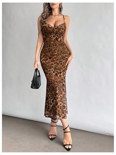 Image of Floerns Women's Leopard Draped Halter Neck Dress Criss Cross Tie Back Party Midi Dress