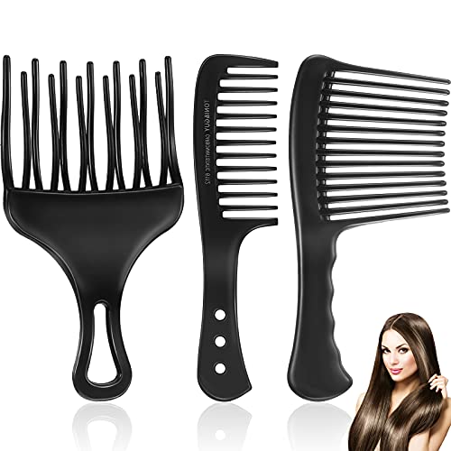 3 Pieces Double Fist Pick Comb Black Wide Tooth Comb Set Paddle Hair Comb Hair Pick Afro Comb Rage Comb Detangling Hair Brush for Short Long Hair Boys Girls Women Men