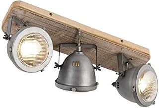 Qazqa - Industrial Spotbar I Spotlight Ceiling bar Steel I Nickel Matt I Satin with Wood tiltable 3-Way Light - Emado- - Industrial - Suitable for LED GU10 | 3 Way Light - Steel Spotway Light - Suit