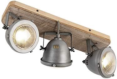 Qazqa - Industrial Spotbar I Spotlight Ceiling bar Steel I Nickel Matt I Satin with Wood tiltable 3-Way Light - Emado- - Industrial - Suitable for LED GU10 | 3 Way Light - Steel Spotway Light - Suit