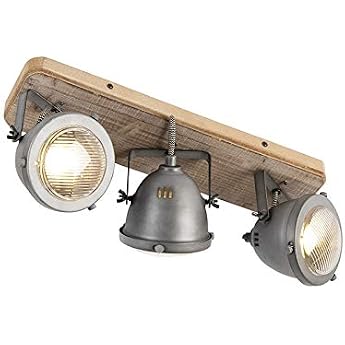 QAZQA Emado Industrial Spotlight / Ceiling Spotlight / Spotlight / Lamp / Light Steel / Nickel Matt with Wood Tilting 3 Bulbs Spotlight Bar Light - / Indoor Lighting