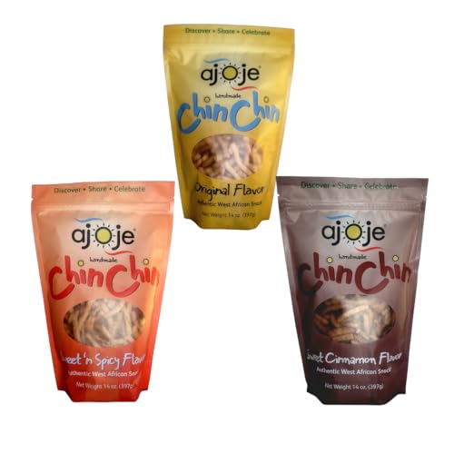 AJOJE SNACKS – Sweet Crunchy West African Snacks | Original, Sweet Cinnamon & Sweet ‘n’ Spicy | Chin Chin| Variety Pack | 14 oz (Pack of 3)