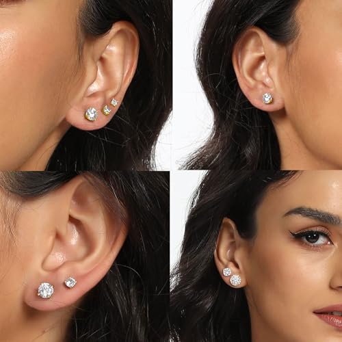 MDFUN 5 Pairs Stud Earrings Sets 3-7MM 18K Gold Plated Round/Cushion/Asscher/Emerald Cut Cubic Zirconia Earring Hypoallergenic Stud Earrings for Women Men3