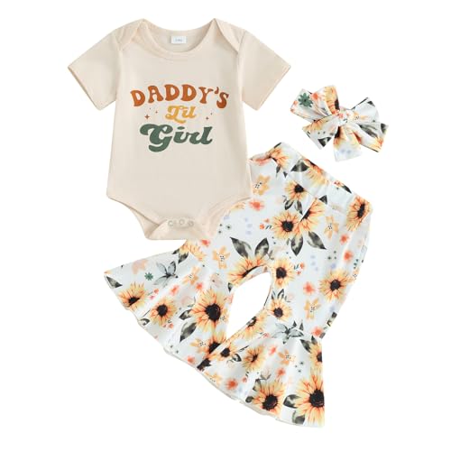 Image of Omkzanbi Newborn Baby Girl Clothes Daddy's Lil Girl Romper Sunflower Flare Pants Headband Cute Summer Going Home Outfit 0-18M (Khaki, 3-6 Months)