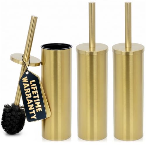 Image of Gold Toilet Brush and Holder Set of 3, Brushed Gold, Satin Finish