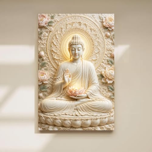 Image of PAINTINGMANTRA Buddha Painting for Living Room, White Buddha Canvas Painting for living room, Bedroom, office and Home, Canvas, 22x34 Inch