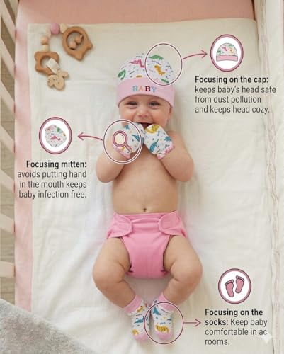 Image of First Kick Baby Mitten Booty Cap Set - 3 Sets (Multicolour) Mittens for New Born Baby 0-3 Months| Useful Baby Shower Gift | Pocket-Friendly | Infant Apron | Soft New Born Cotton