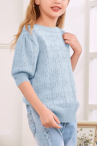 Batermoon Girls' Puff Short Sleeve Sweaters Crewneck Hollow Out Knit Pullover Tops Blue #TOP3
