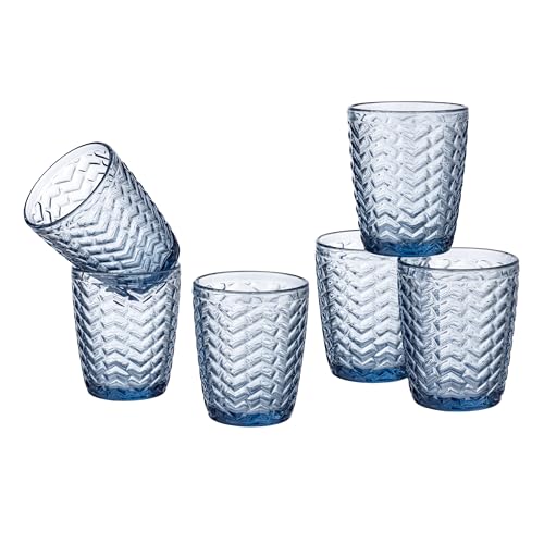 Baroni Home Set 6 pz Bicchieri Wave in Vetro Colorati e Decorati con Righe in Rilievo 30 CL, Bicchieri Eleganti Lavabili in Lavastoviglie, 8x8x9,5 cm Blu