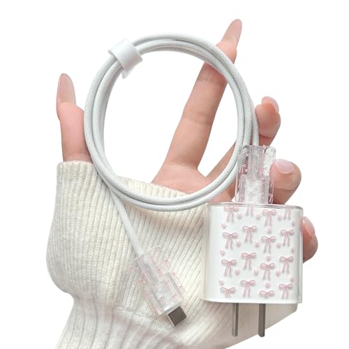 Lovmooful Compatible for iPhone 18W/20W USB-C Charger Cover Clear Lovely Bow Heart Design Soft Charger Protector Cute Cable Case Saver Protector for Girls Women-Pink Bow Heart