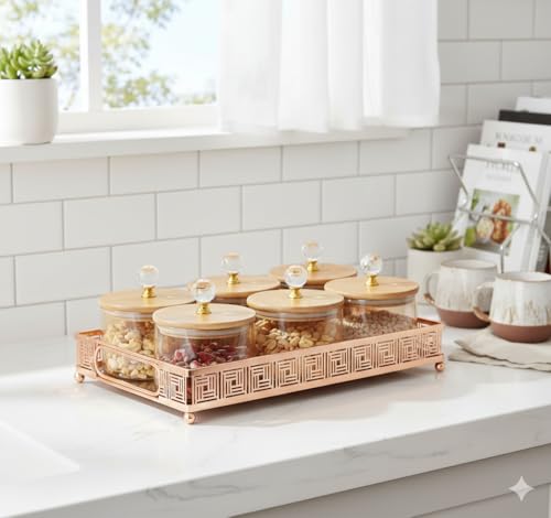 Image of Diwali Serving Dry Fruit, 6 pcs Glass Container Serving Tray Set | 600 ML Each Premium Design Air-Tight Lid Tray Copper Stand Organizer Lid jar
