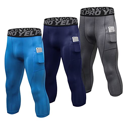 Eargfm Men's 3 / 4 Compression Athletic Running Workout Quick Dry Capri Sports Gym Base Layer Packs Pants, Blue+Navy+Grey-With Pockets, Large #TOP18